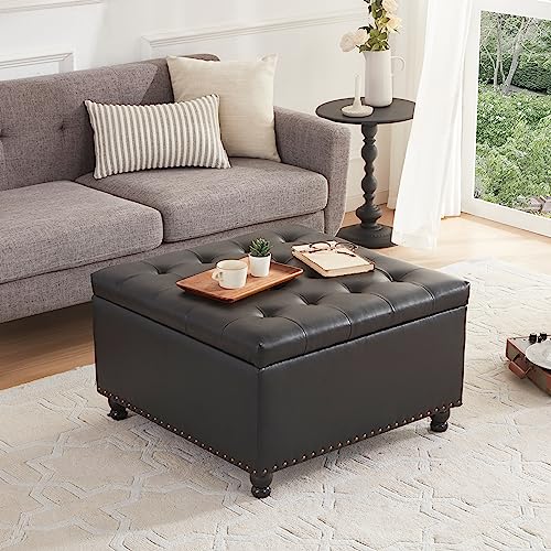 Kingfun Square Ottoman Coffee Table, Large Leather Ottoman with Storage Tufted Upholstered Bench, Oversized Footrest for Living Room, Brown