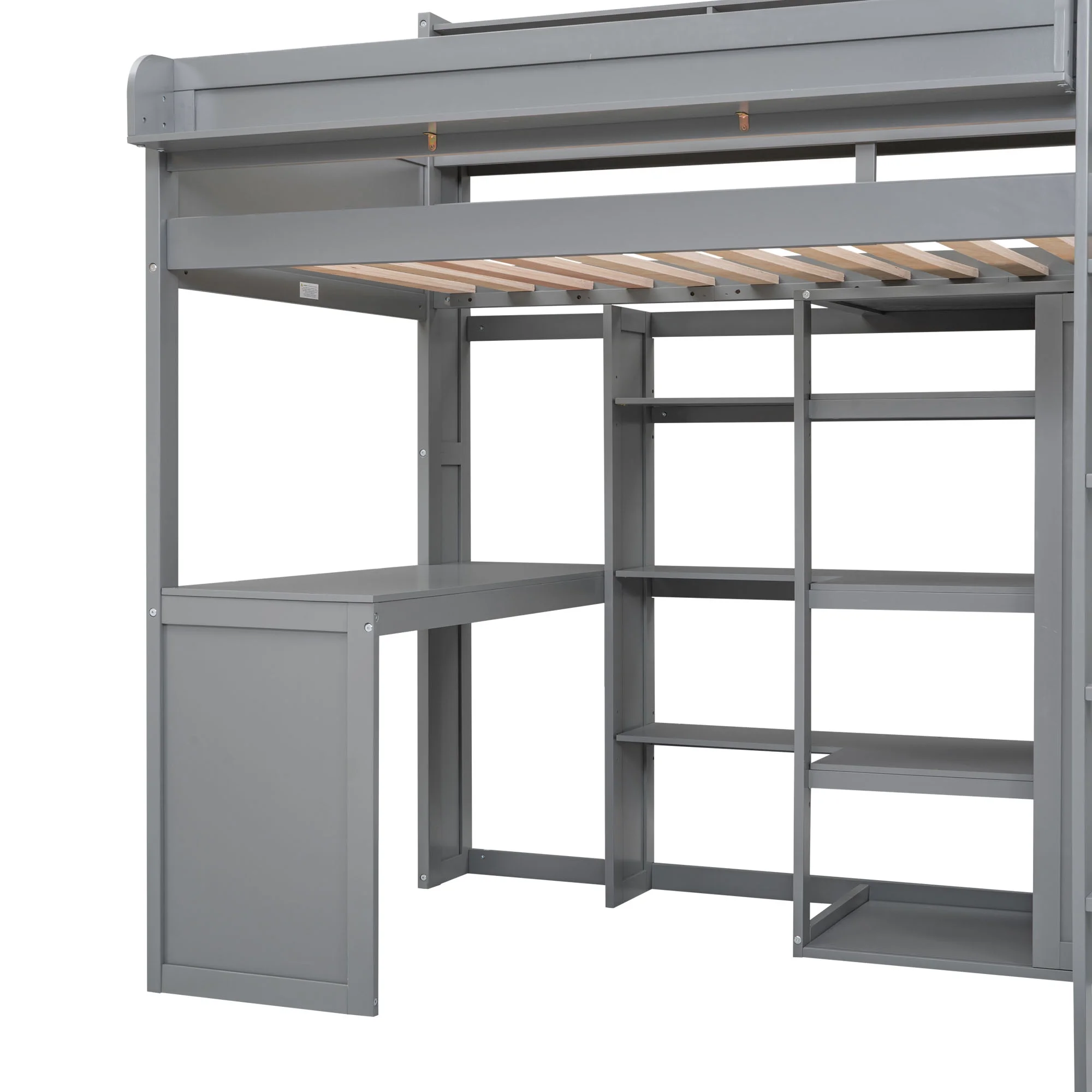 Euroco Pine Wood Twin Size Loft Bed with Desk, Wardrobe with Clothes Hanger and Display Shelves for Kids Bedroom, Gray