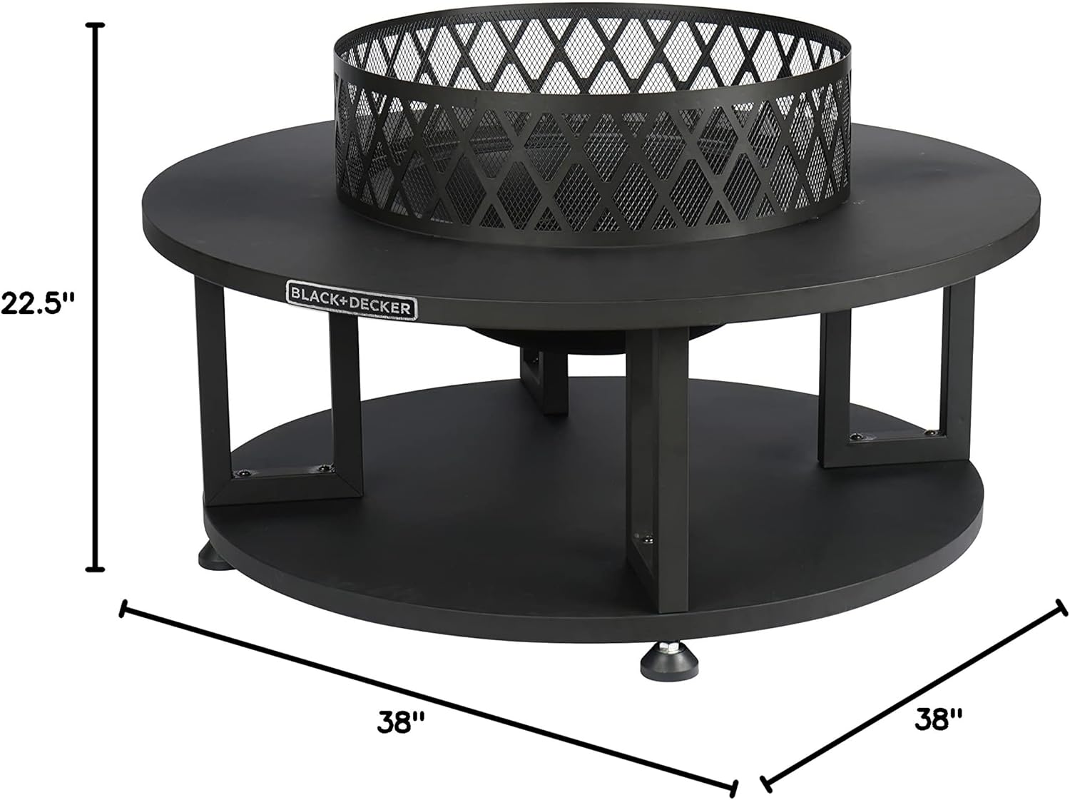 BLACK + DECKER 38" D Steel Wood burning fire pit with log storage area for entertaining backyard bonfires includes mesh lid and poker Black powder coated steel