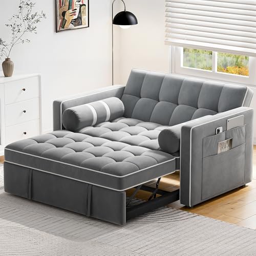 Pipishell 3 in 1 Convertible Sleeper Sofa Bed,Pull Out Couch for Living Room with USB Ports & Side Pockets,Adjustable Backrest,Velvet,Loveseat Sofa Bed,Futon Couches,Black