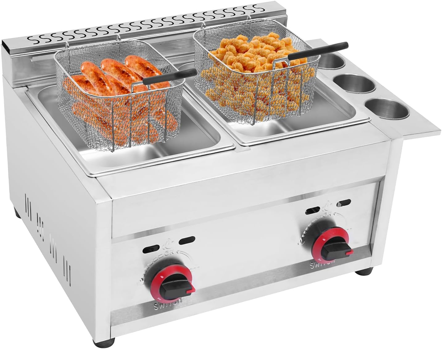 Commercial LPG Deep Fryer 2X 6L Double Basket Commercial Deep Fryer Counter Top Gas Fryer Stainless Steel for French Fries, Chicken, Donuts, Wings 5.3QT*2 Heating Power: 18000Btu/hr