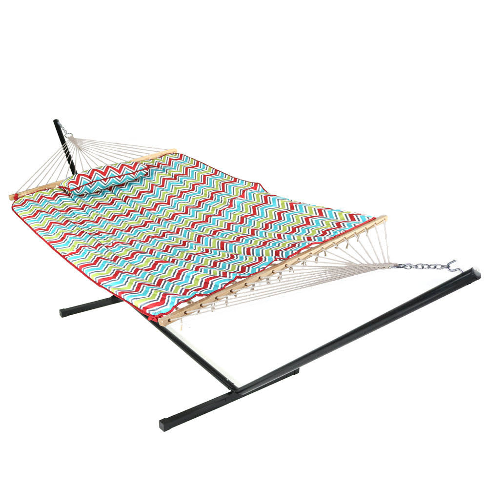 Sunnydaze Decor Multi Color Chevron Cotton Rope Hammock with 12 Foot Stand Pad
