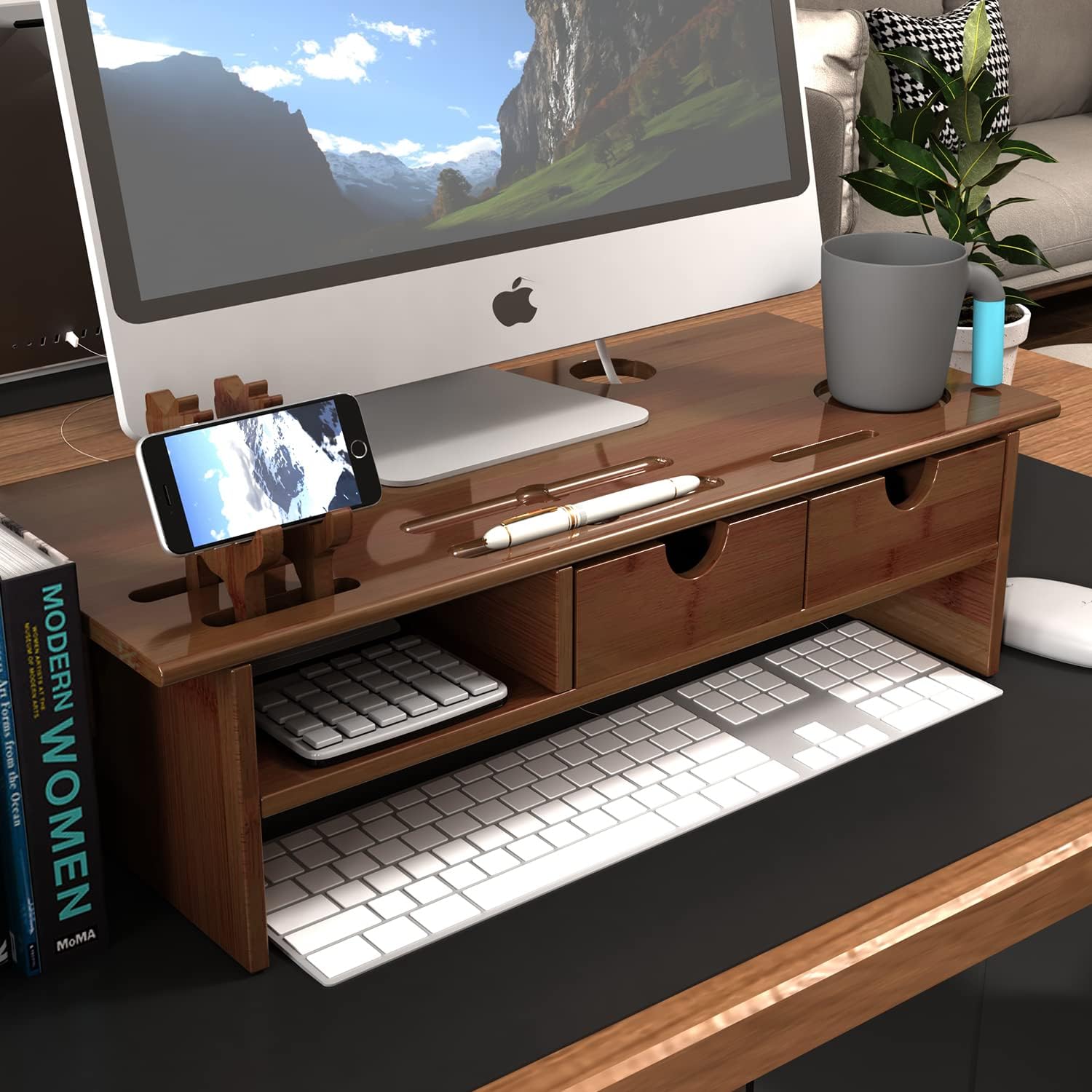 Sundale Bamboo Wood Monitor Stand Ergonomic Computer Riser with Storage Organizer Drawers Desktop Laptop Shelf Risers Cellphone Stand for Home and Office Use, Classic Antique Brown Pack of 2