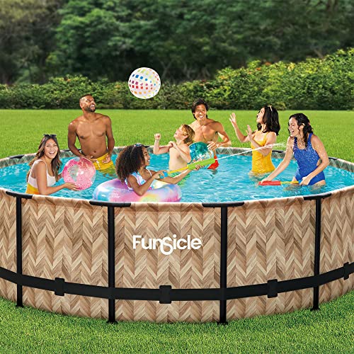 Funsicle 14' x 42" Oasis Designer Round Frame Above Ground Outdoor Swimming Pool Set with SkimmerPlus Filter Pump, Ladder, and Pool Cover, Gray