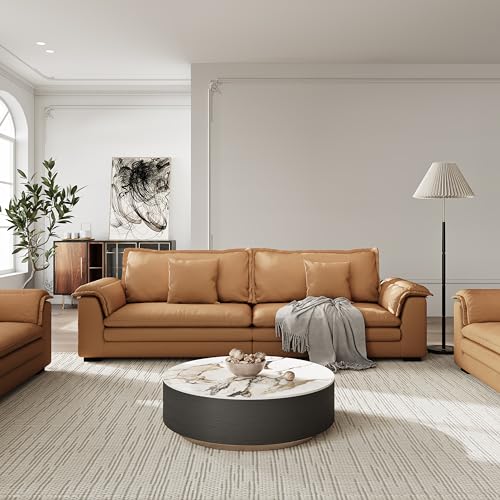 POVISON Modern Round Coffee Table with Storage, Sintered Stone Top Drum Coffee Table with Drawers, Oak Veneer, Circle Coffee Tables for Living Room, 35.43", Fully Assembled