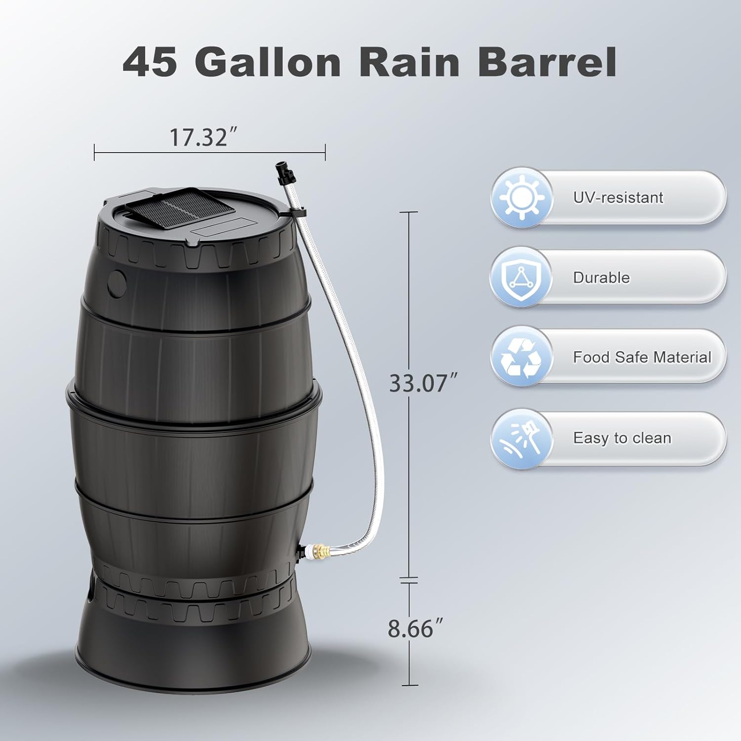 EJWOX Rain Barrels with Stand to Collect Rainwater from Gutter - Heavy Duty Outdoor Rain Water Collection Barrel with Spigot and Filter(45Gallon, Black)