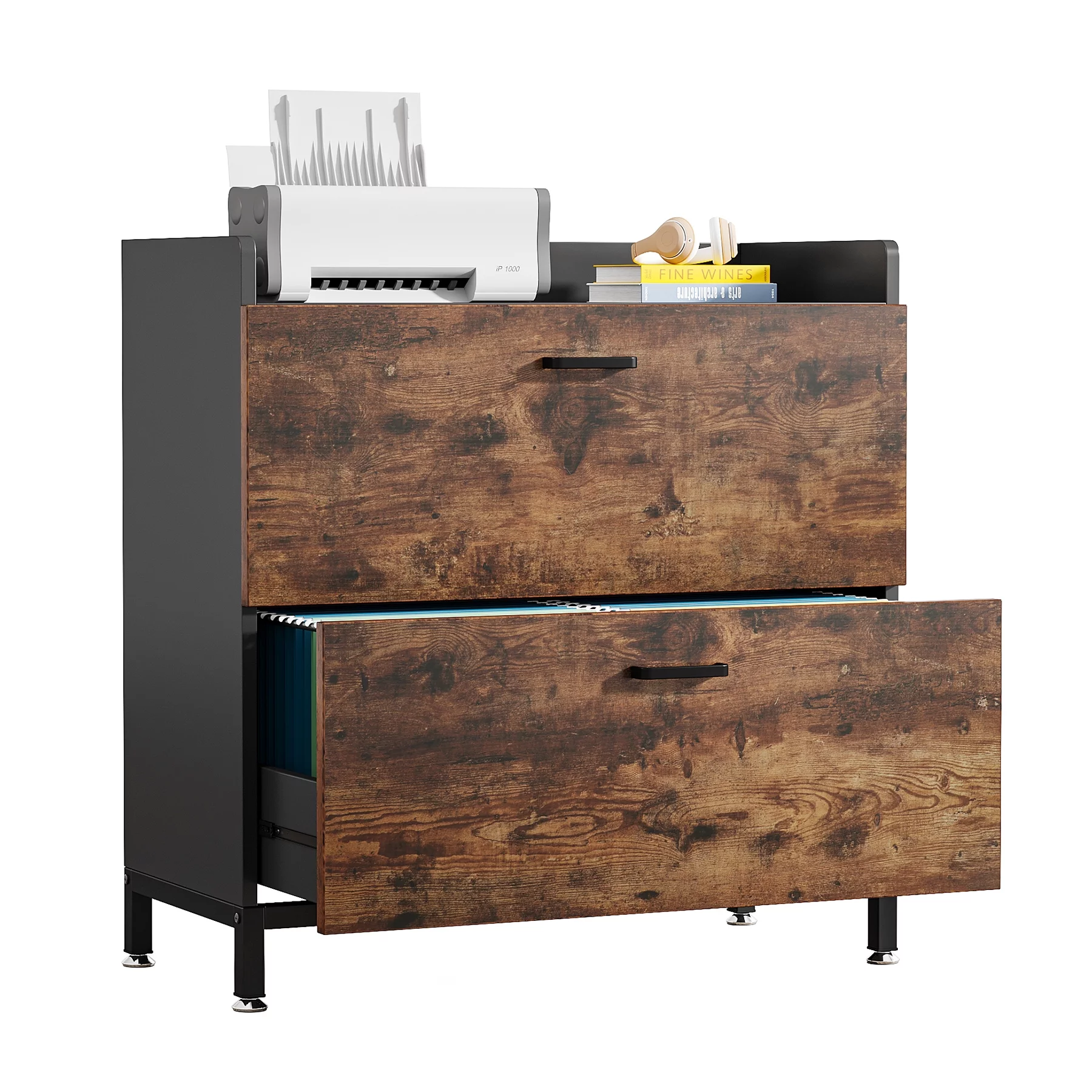 Tribesigns Lateral File Cabinets, Industrial Wood 2-Drawer Filing Cabinets for Hanging Files Letter/Legal/F4/A4 Size, Rustic Brown