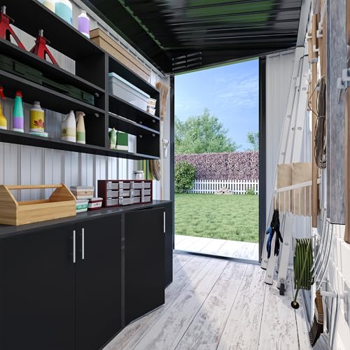 8'x4' Shed Galvanized Steel Storage Sheds with Triple Doors Weatherproof Outdoor Utility Sheds, Dual Lock Lean to Shed with Sloped Roof for Mower, Bike, Generator, Garden Tools (Black)