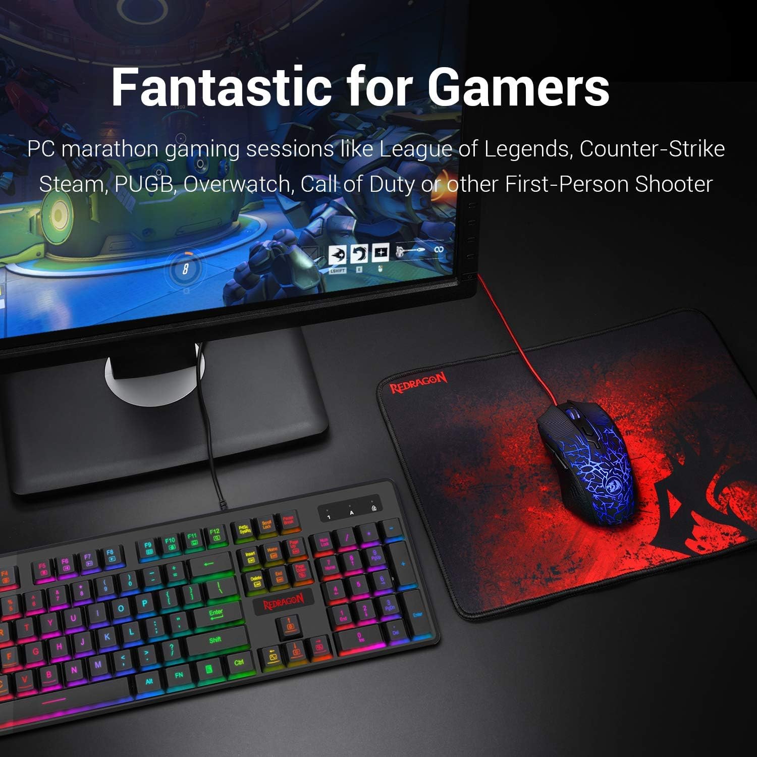 Redragon S107 Gaming Keyboard and Mouse Combo Large Mouse Pad Mechanical Feel RGB Backlit 3200 DPI Mouse for Windows PC (Keyboard Mouse Mousepad Set) Pack of 2