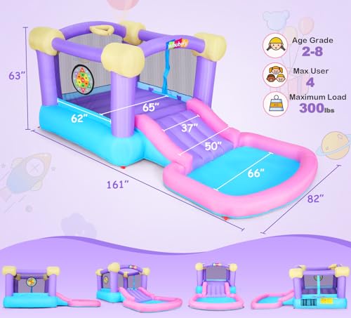 Pink Inflatable Bounce House for Kids 2-8 with Ball Pit & Slide, Indoor Jumpy Bouncy House w/440W Blower, 50 Ocean Balls, 6 Sticky Darts, Basketball, Toddler Bounce House Water Slide for Kids Backyard