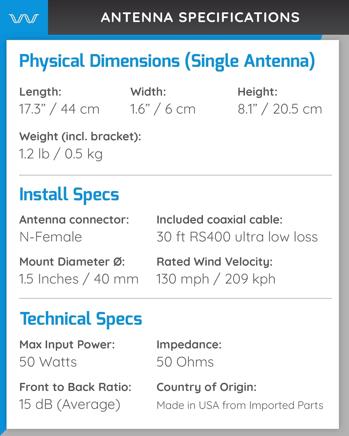 MIMO 4G/5G Log Periodic Antenna Kit by Waveform | +11 dBi gain 2x2 600-6000 MHz | for LTE/NR Hotspots, Modems, Cell Boosters (Twin Cable)