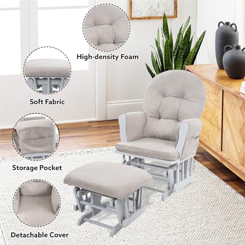 Naomi Home Nursery Glider & Ottoman Sets, Reclining Glider Rocker with Ottoman, Nursery Rocking Breastfeeding Maternity Chair for Baby Room, Recliner Glider with Ottoman, Padded Arms - White, Gray