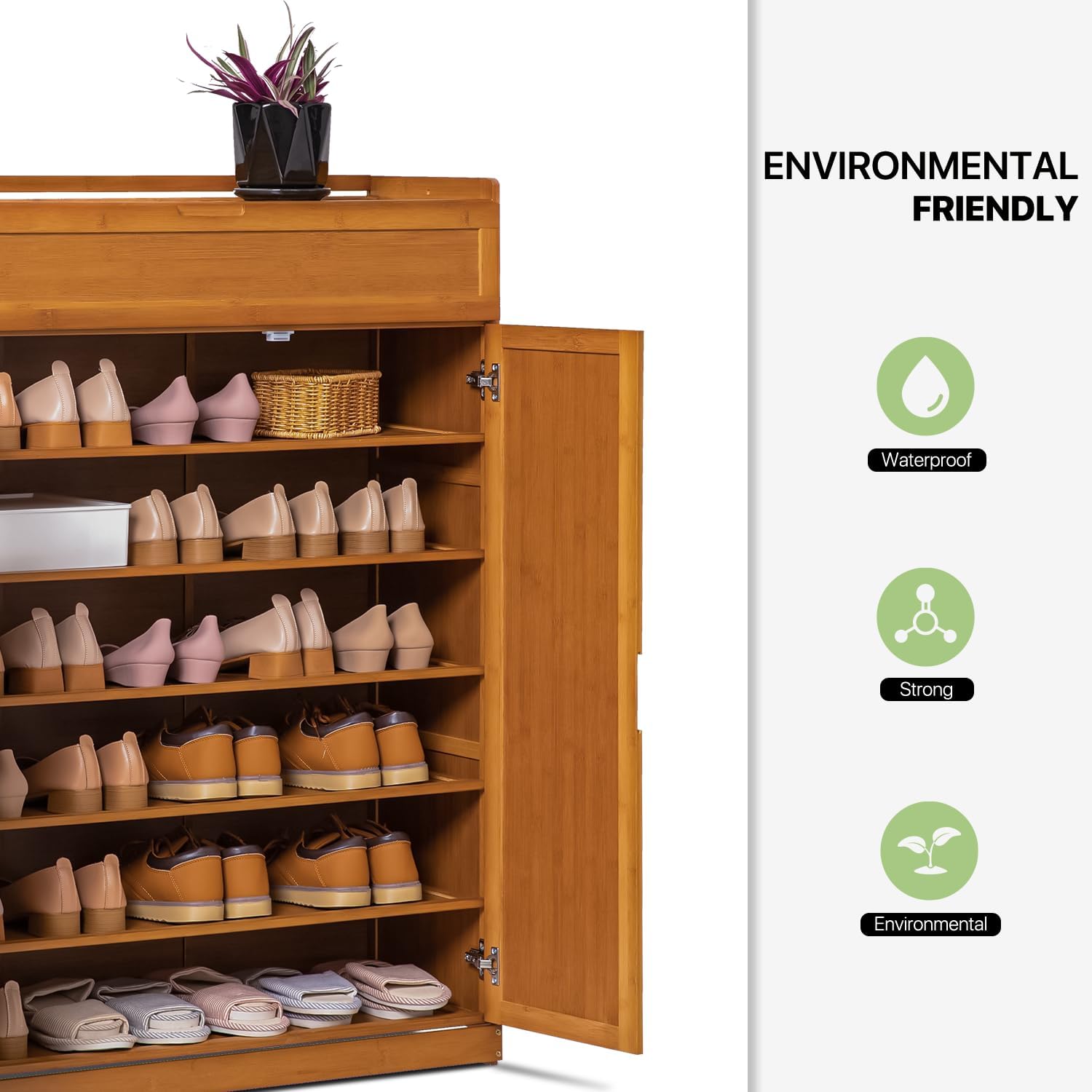 Magshion Bamboo 7-Tier Shoe Organizer Cabinet with Folding Door Compartment for Heels Boots, Hallway Entryway, Freestanding Shoe Cabinet Organizer for Convenient Shoe Organization (Brown)