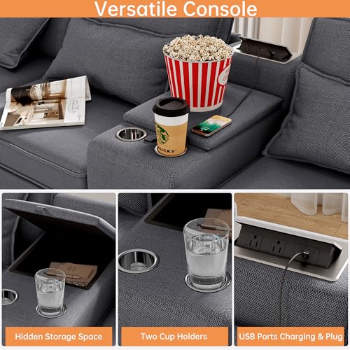 Modular Sectional Sofa, Convertible U Shaped Sofa Couch with Central Console & USB Ports, 7 Seat Modular Sectionals Couch with Chaise and Storage for Living Room, Light Grey