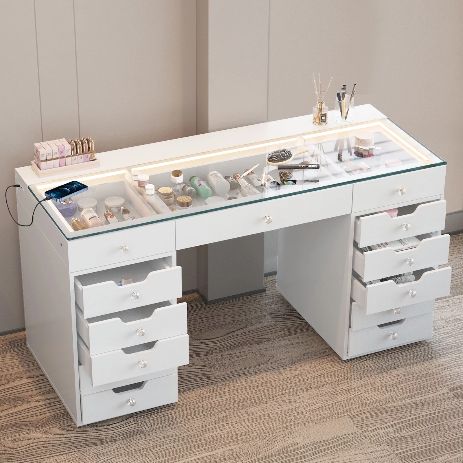 VANITII 13 Drawers Modern Makeup Vanity Table Desk with Lights Charging Port Stainless, for Bedroom
