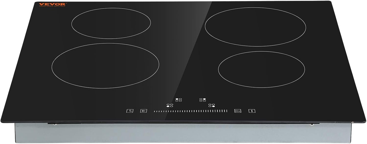 VEVOR Built in Electric Stove Top, 24 inch 4 Burners, 240V Glass Radiant Cooktop with Sensor Touch Control, Timer & Child Lock Included, 9 Power Levels for Simmer Steam Slow Cook Fry