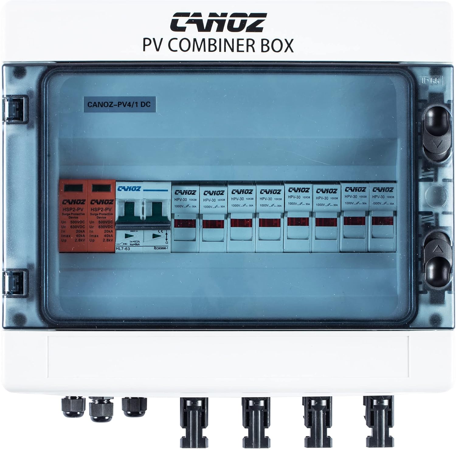 CANOZ-PV4/1 PV Combiner Box, 4 String, with 15A Rated Current Fuse, 63A Circuit Breaker, 2.8KV Surge/Lightning Protector Arrester and MC4 Solar Connectors for On/Off Grid Solar Panel System.