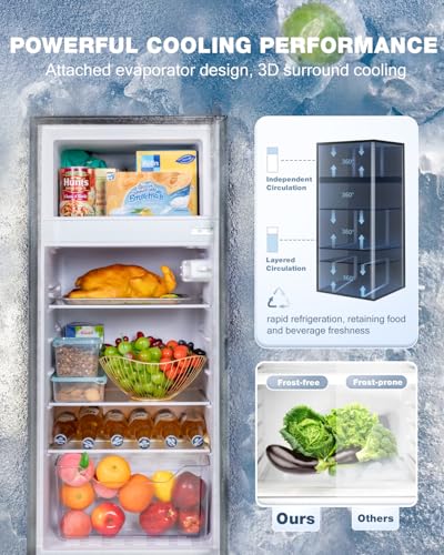Double Door Refrigerator with Freezer, 4.5 Cu.Ft, Small Fridge with Freezer, 7 Settings Temperature Adjustable, Mini Refrigerator for Apartment Bedroom Dorm and Office, (Silver)