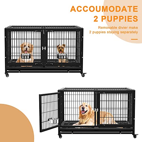 54/48/42/38 inch Heavy Duty Indestructible and Escape-Proof Dog Crate Cage Kennel for Large Dogs, High Anxiety Dog Crate with Removable Wire Trays and Wheels, Extra Large XL XXL