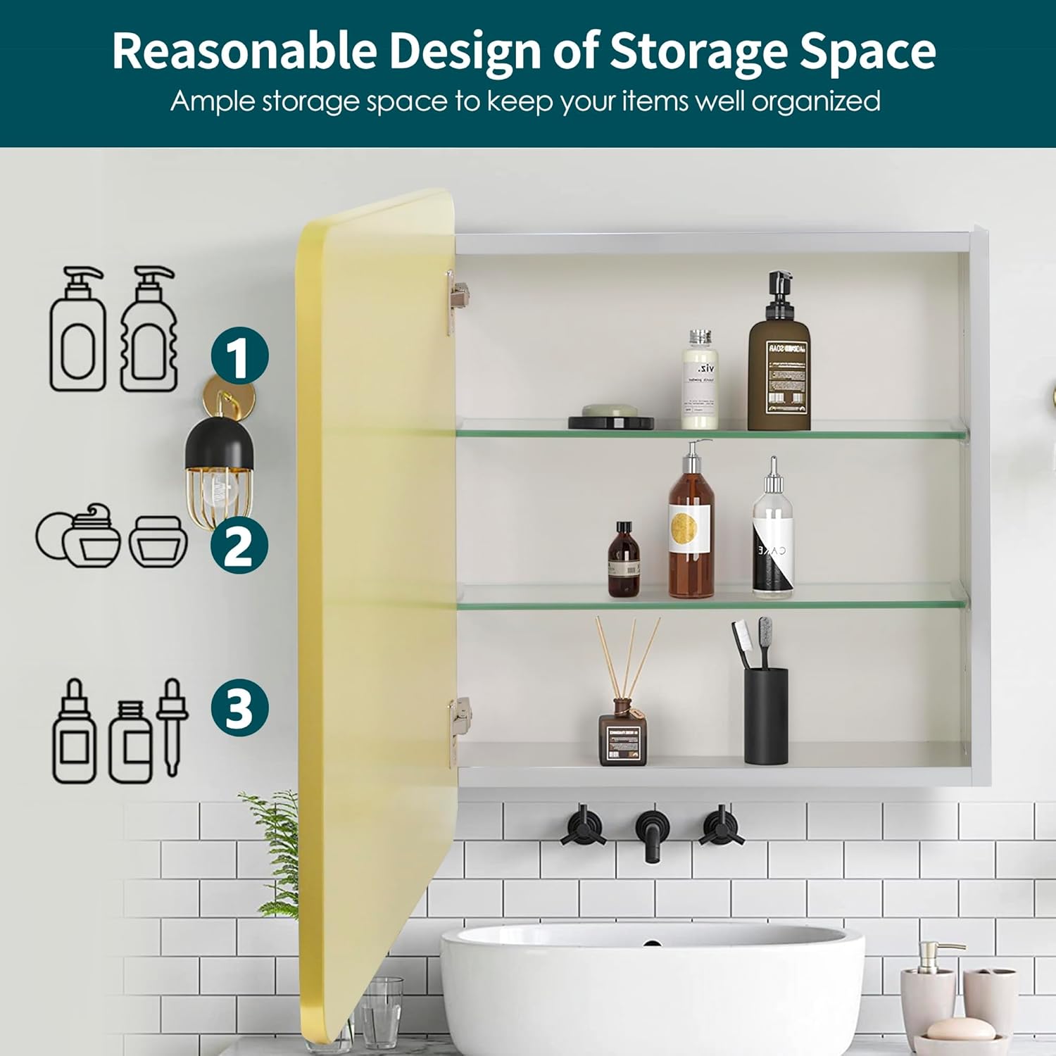 Movo Gold Bathroom Medicine Cabinet Mirror,24 inch X 22 inch Wall Mounted or Recessed Medicine Cabinet,Adjustable Glass Shelves, Waterproof and Rust-Resist Mirror Medicine Cabinet