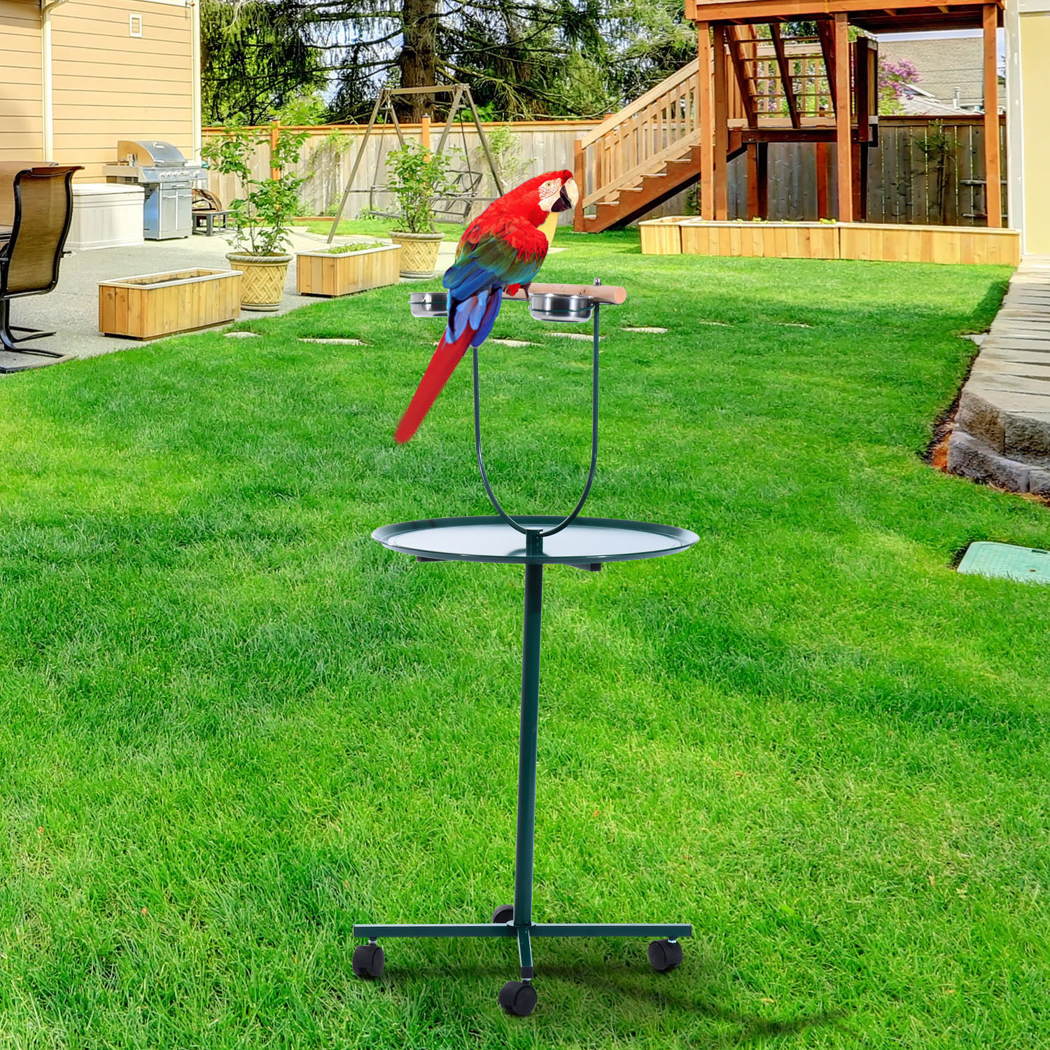 PawHut 49" Rolling T-Stand Bird Training Activity Playground With Perch