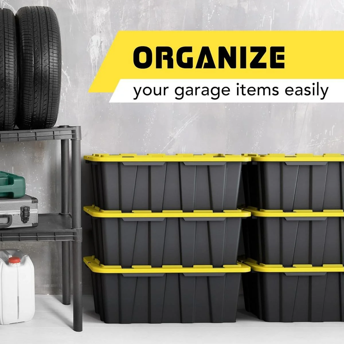 8 PACK of Medium 12 Gallon Plastic Storage Bin Tote Organizing Container with Ultra Durable Secure Latching Lids, Stackable, Extra Strength Clear with Built in Handle - Black and Yellow