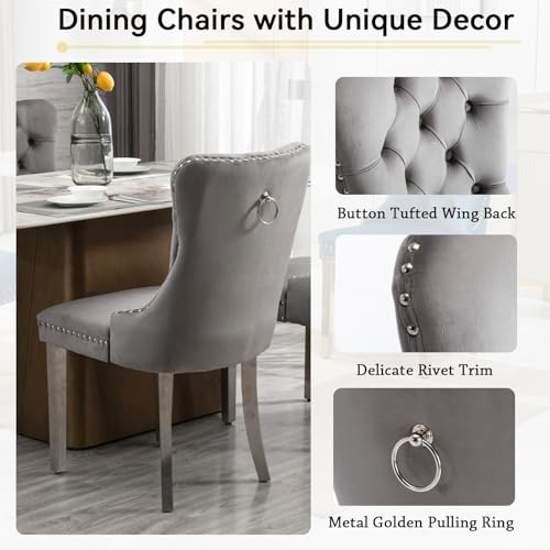 White Marble Dining Table Set for 6, Modern Kitchen Dining Room Table Set for 6,Rectangle Faux Marble Dining Table and 6 Grey Velvet Tufted Upholstered Chairs,7 Piece Luxury Silver Dining Table Set