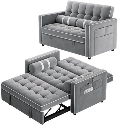 Pipishell 3 in 1 Convertible Sleeper Sofa Bed,Pull Out Couch for Living Room with USB Ports & Side Pockets,Adjustable Backrest,Velvet,Loveseat Sofa Bed,Futon Couches,Black