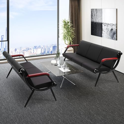 Waiting Room Bench with Wooden Armrest, PU Leather Office Furniture, Lobby Conference Reception Bench, Office Guest Seating for Clinic,Airport,Hospital,Barber,Salon,Bank(Black, 2)