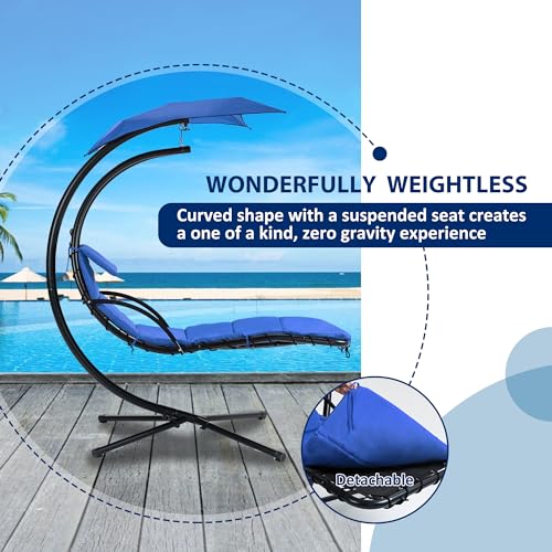 Hanging Chaise Lounger with Removable Canopy Outdoor Indoor Hammock Swing Chair with Cushion Built in Pillow, Curved Zero Gravity Chaise Lounge Chair for Patio Porch Poolside (Navy)