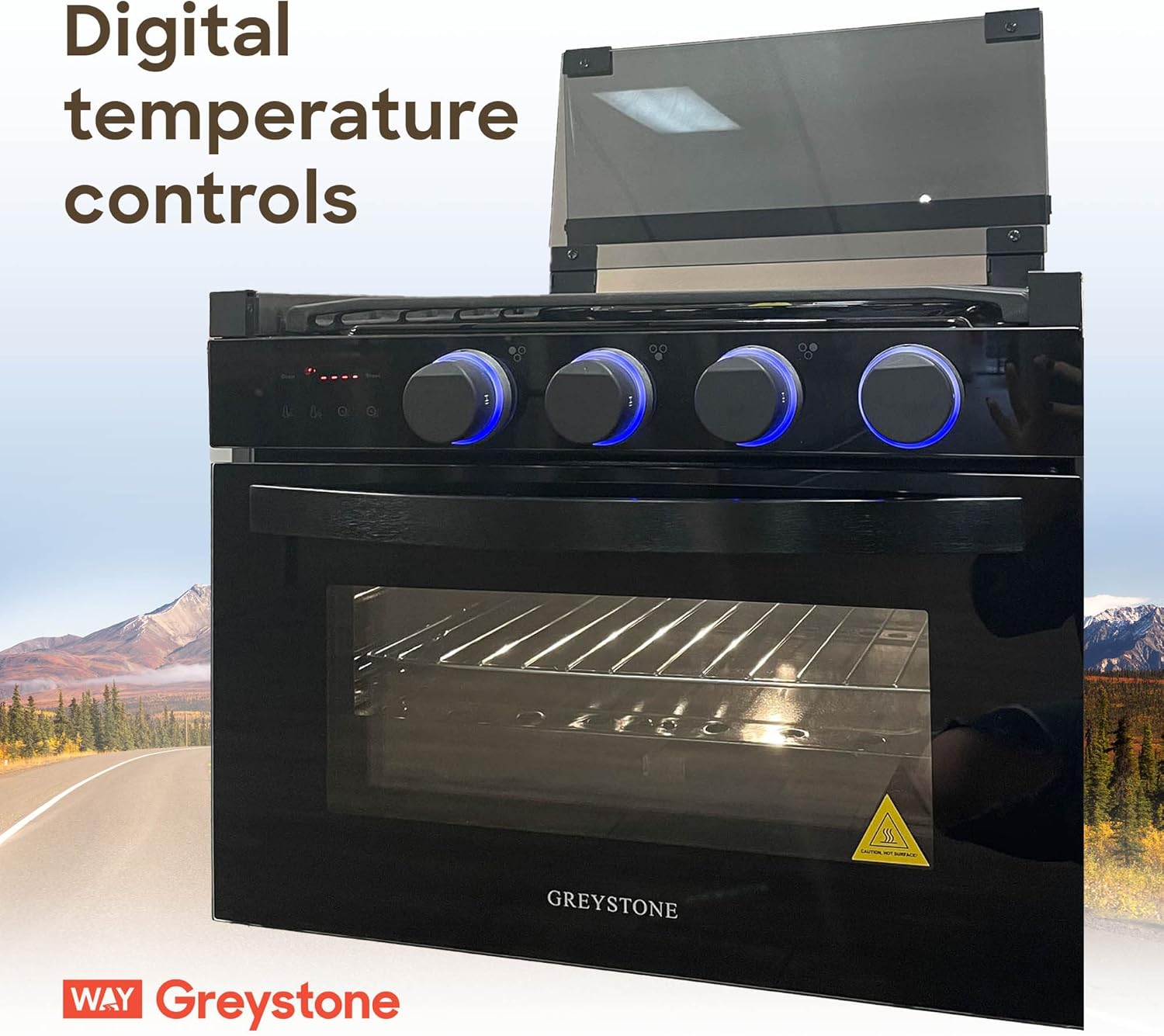 Way Interglobal Greystone, 17 Inch Digital RV Gas Range, Stove and Oven Combo, 12 Volt, LP, 3 Burners, Black