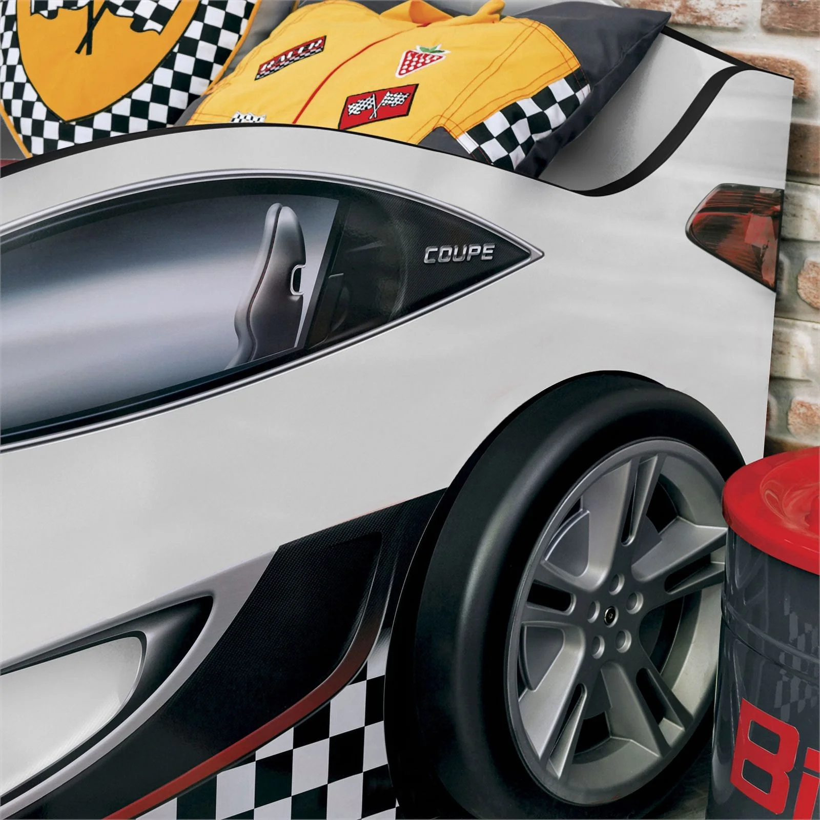 Cilek Kids Room Race Cup Wood Twin Car Bed with Cool Details in White