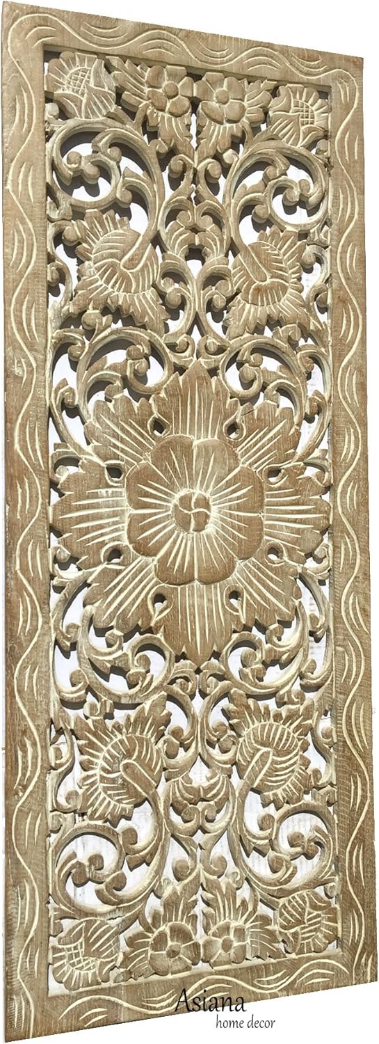 Asiana Home Decor Large Carved Wood Wall Panel. Floral Wood Carved Wall Decor. Size 35.5x13.5x0.5 (Brown-Teak)