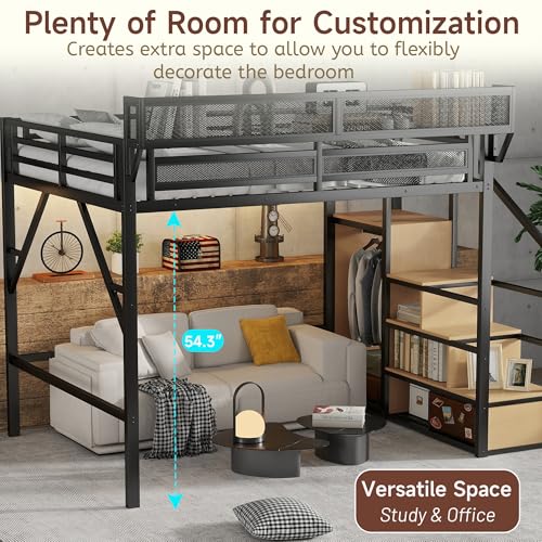 Full Size Loft Bed with Stairs and Storage, Metal Loft Bed Frame with Bedside Shelf and Large Under-Bed Space, Heavy-Duty Bed for Adults Teens and Kids, Black