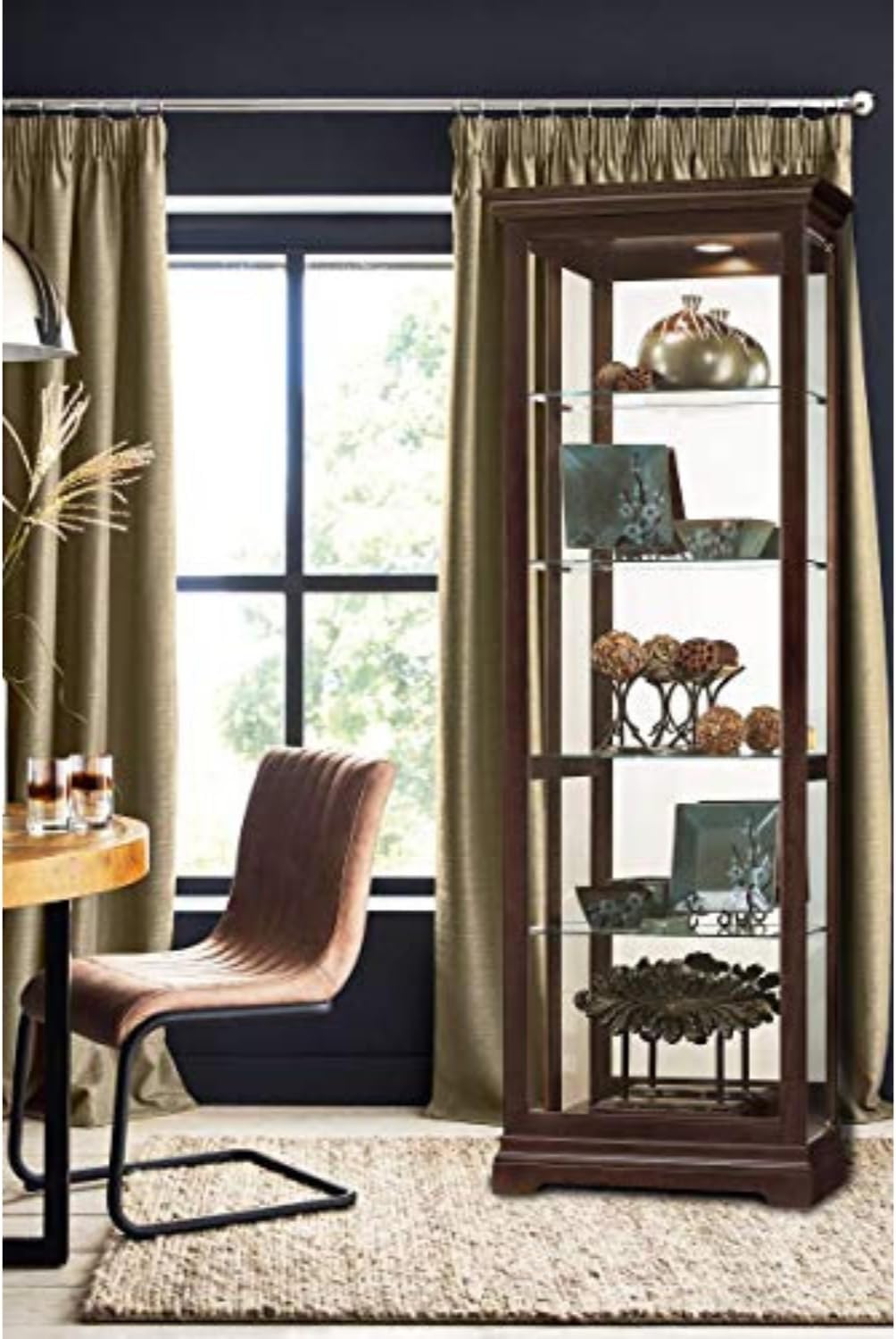 Howard Miller Brantley Curio Cabinet 680-671 – Espresso Finish, Vertical Home Decor, Four Glass Shelves, Five Level Display Case, No Reach Light, Sliding Doors