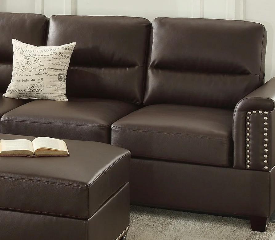 Living Room Furniture Modern Contemporary Espresso Faux Leather Sectional Sofa 3pcs Sectional Sofa Set Couch Cushion Pillows