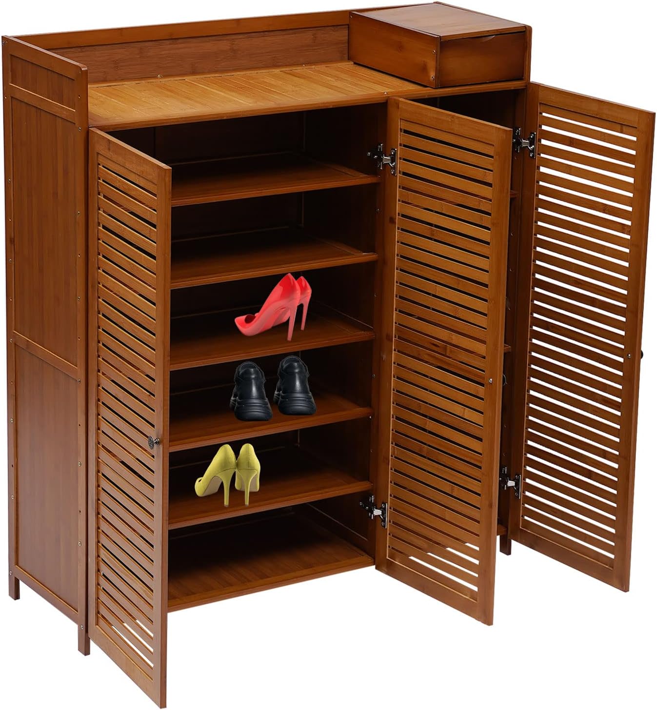 7-Tier Shoe Storage Rack with 3 Doors, Bamboo Rack Organizer Cabinet Wood Freestanding Shoe Storage Cabinet for Entryway Hallway Closet, 38.6" L×12.6" W×45.3" H