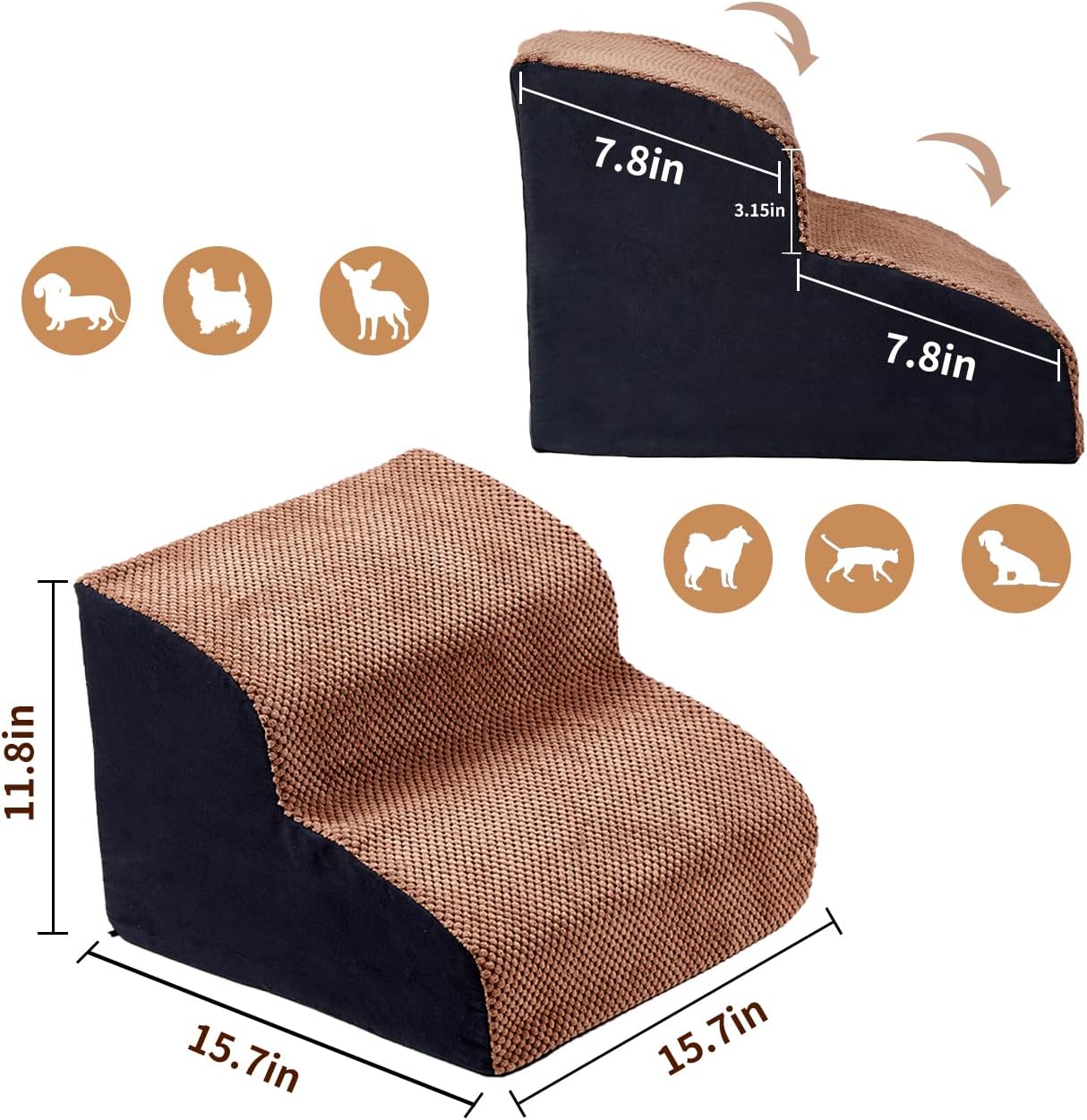 A.FATI 2 Steps High-Density Foam Dog Stairs&Ramps, 11.8 High, Non-Slip Dog Stairs, Soft Dog Steps for Couch, Dog Ladder, Suitable for Old or Injured Pets, Older Cats, Small Dogs