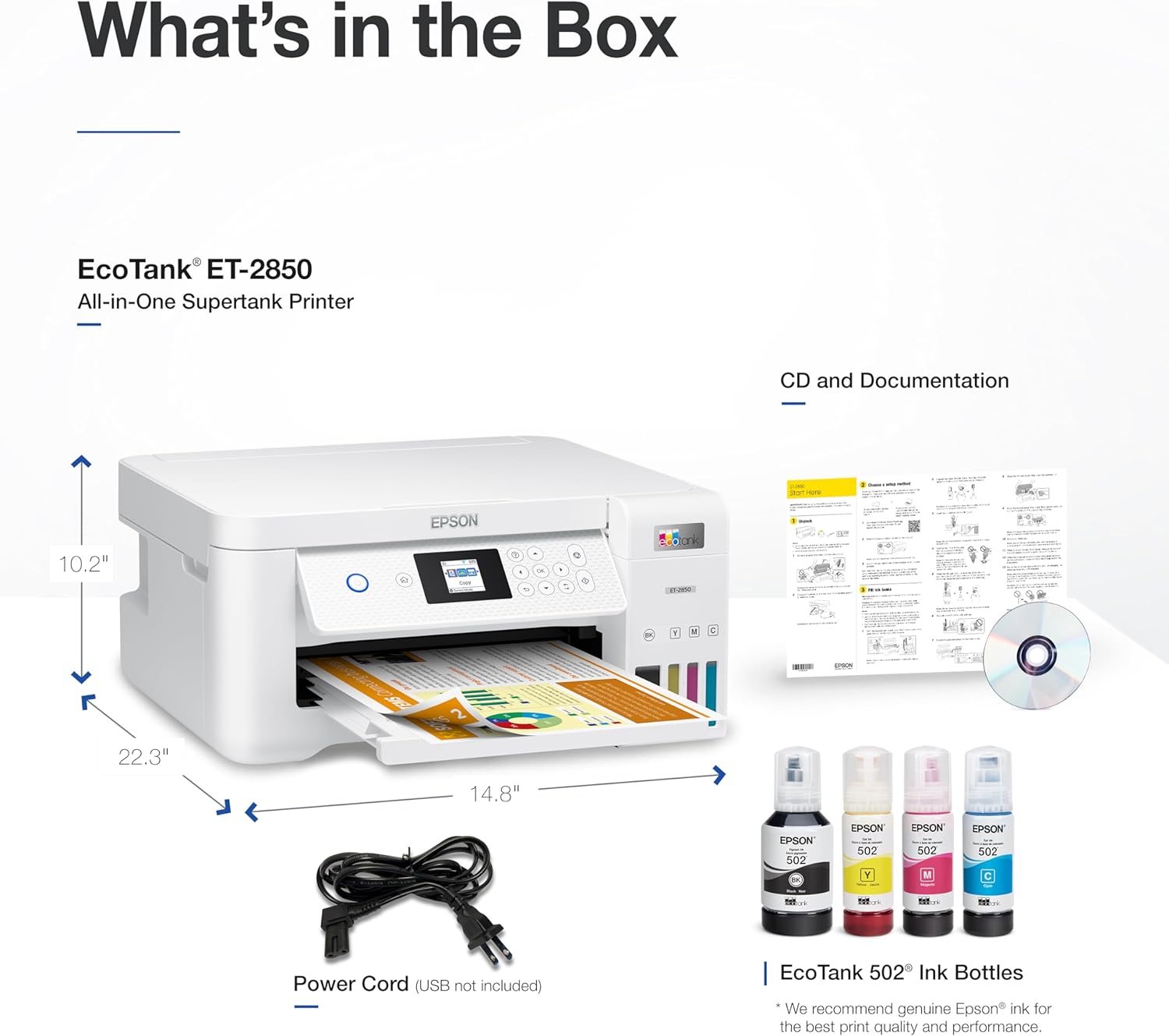 Epson EcoTank ET-2850 Wireless Color All-in-One Cartridge-Free Supertank Printer with Scan, Copy and Auto 2-Sided Printing (Renewed)
