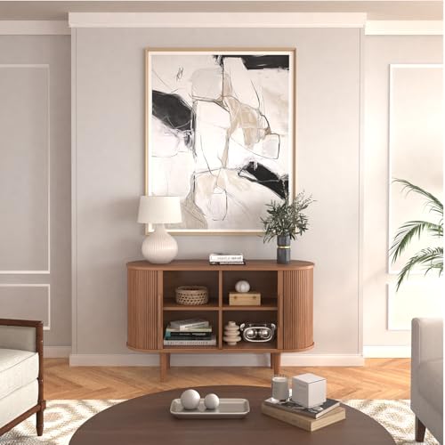 47" Sideboard Tambour Storage Cabinet, Black Corner Cabinet with Doors and Shelves, Fluted Sideboard Cabinet for Kitchen, Entryway and Living Room