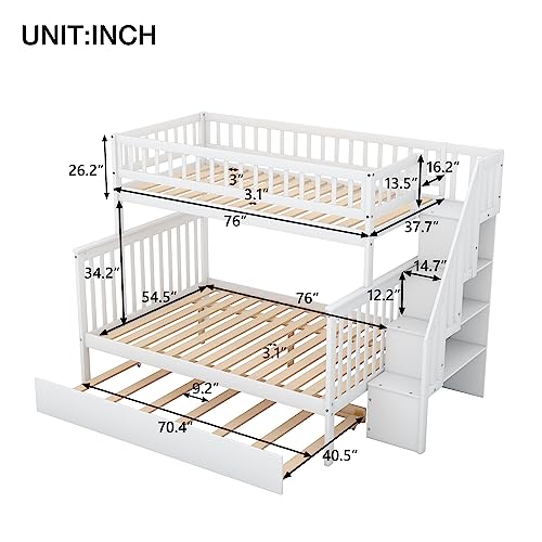 Twin Over Twin Size Bunk Bed with Trundle and Storage Stairs, Solid Wood Stairway Triple Bunk Beds Stairway and Full-Length Guard Rail for Kids Teens Adults Bedroom, Can Be Divided