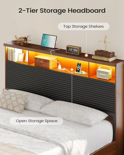 VIAGDO Wood Bed Frame Full Size with 4 Storage Drawers and Charging Station, Fluted Led Full Bed Frame with 2 Tier Storage Headboard, No Box Spring Needed,Wood