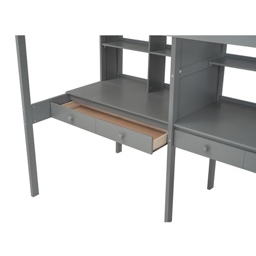 Full Size Loft Bed with A Desk, Wardrobe and Three Storage Drawers, Open Storage Cabinet, 64.9''H Wood Loft Bed Frame with Wood Slats Support, Space-Saving Design (Gray * Full,256)