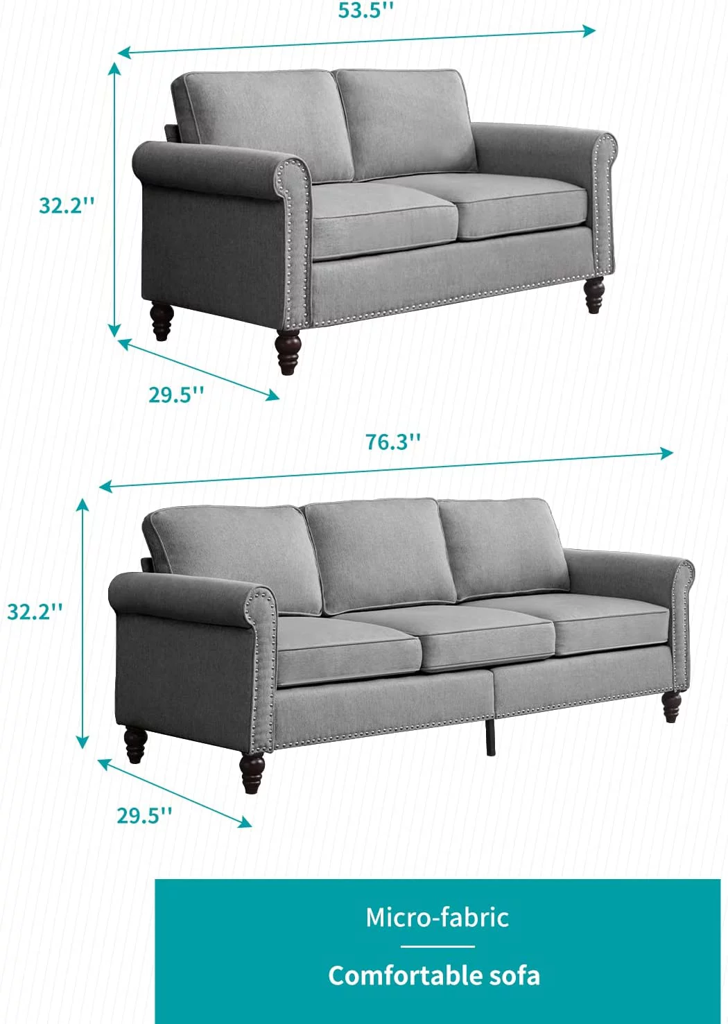 BALUS Living Room Furniture Set, 2 Piece Soft Sofa Couches Set with 5.9" Thicken Cushion, Couch and Loveseat Sets Including 3 Seat Sofa, Loveseat for Living Room Apartment, Light Grey - Curated Treasures Market