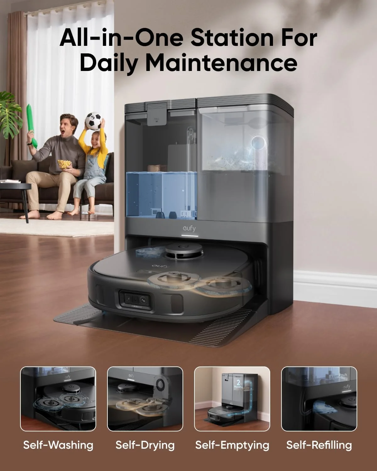 eufy X10 Pro Omni Robot Vacuum and Mop with 8,000 Pa Suction, Dual Mops with 12 mm Auto-Lift and Carpet Detection, AI Obstacle Avoidance, Auto Mop Washing, Auto Drying, Self-Emptying, Self-Refilling
