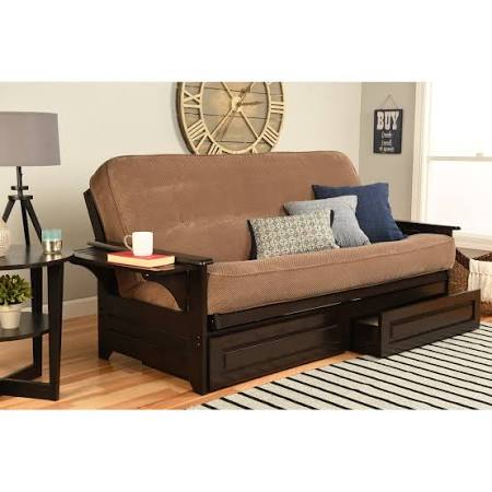 Porch & Den DeSoto Espresso Full-Size Futon Frame with Innerspring Mattress and Storage Drawers (Suede Navy), Blue