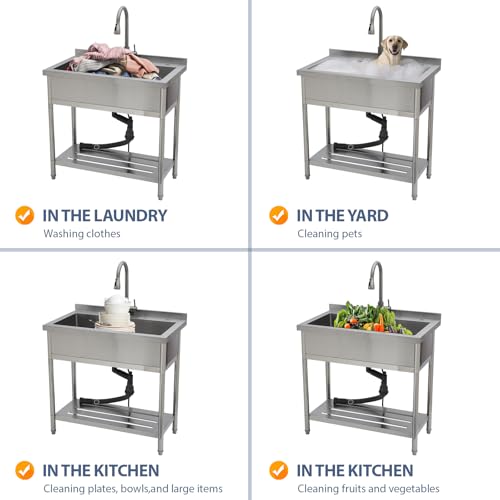Lordear Stainless Steel Utility Sink 24 Inch - 24"x21" Freestanding Stainless Steel Kitchen Sink Single Bowl Commercial and Residential Use for Laundry Room Garage Outdoor and Kitchen
