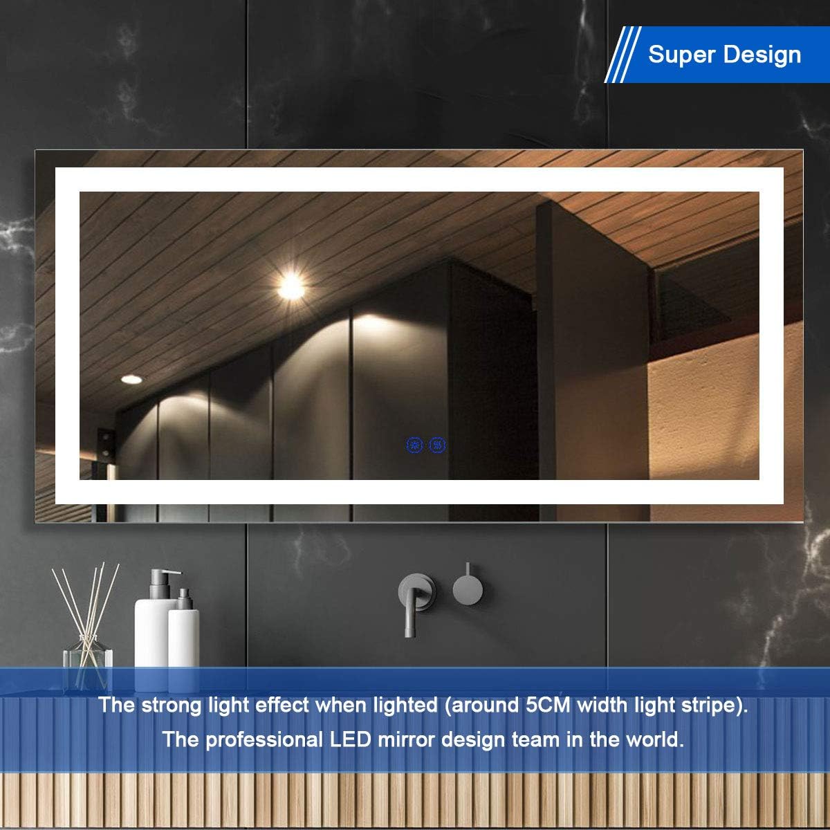 BHBL 60 x 36 Inch Illuminated LED Bathroom Mirror with Smart Button, Anti Fog, Dimmable, Bluetooth Speakers, Vertical & Horizontal Mount, Hotel Office Bar Mirror (D224-6036A)