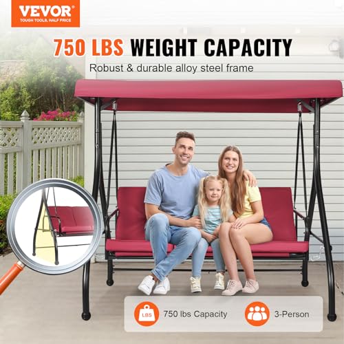 VEVOR 3-Seat Patio Swing Chair, Converting Canopy Swing, Outdoor Patio Porch with Adjustable Canopy, Removable Thick Cushion and Alloy Steel Frame, for Balcony, Backyard, Poolside, Brown