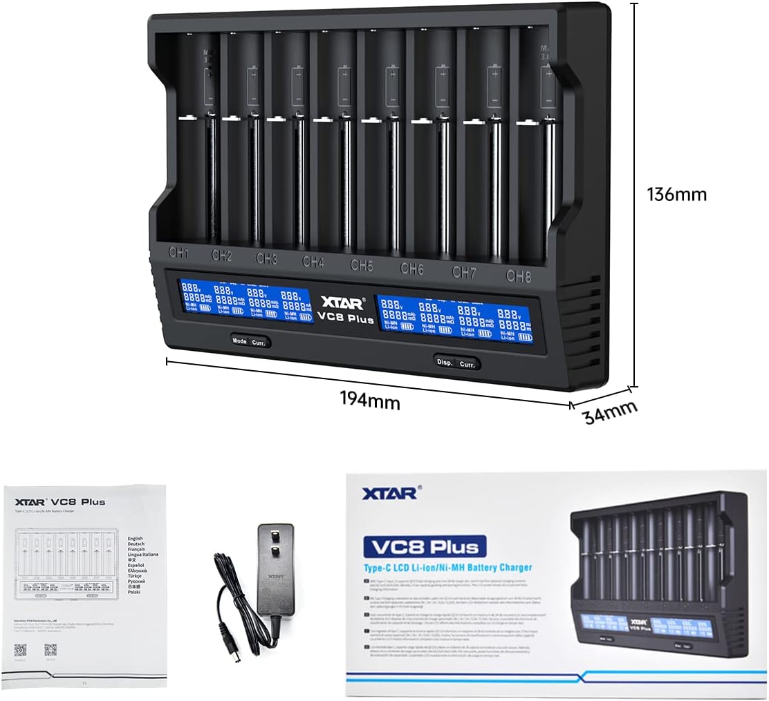 18650 battery charger 8 slot XTAR VC8 PLUS with INPUT Adapter 2022 Rechargeable lithium Battery Charger 8 slot 18650 21700 Charger test battery real capacity